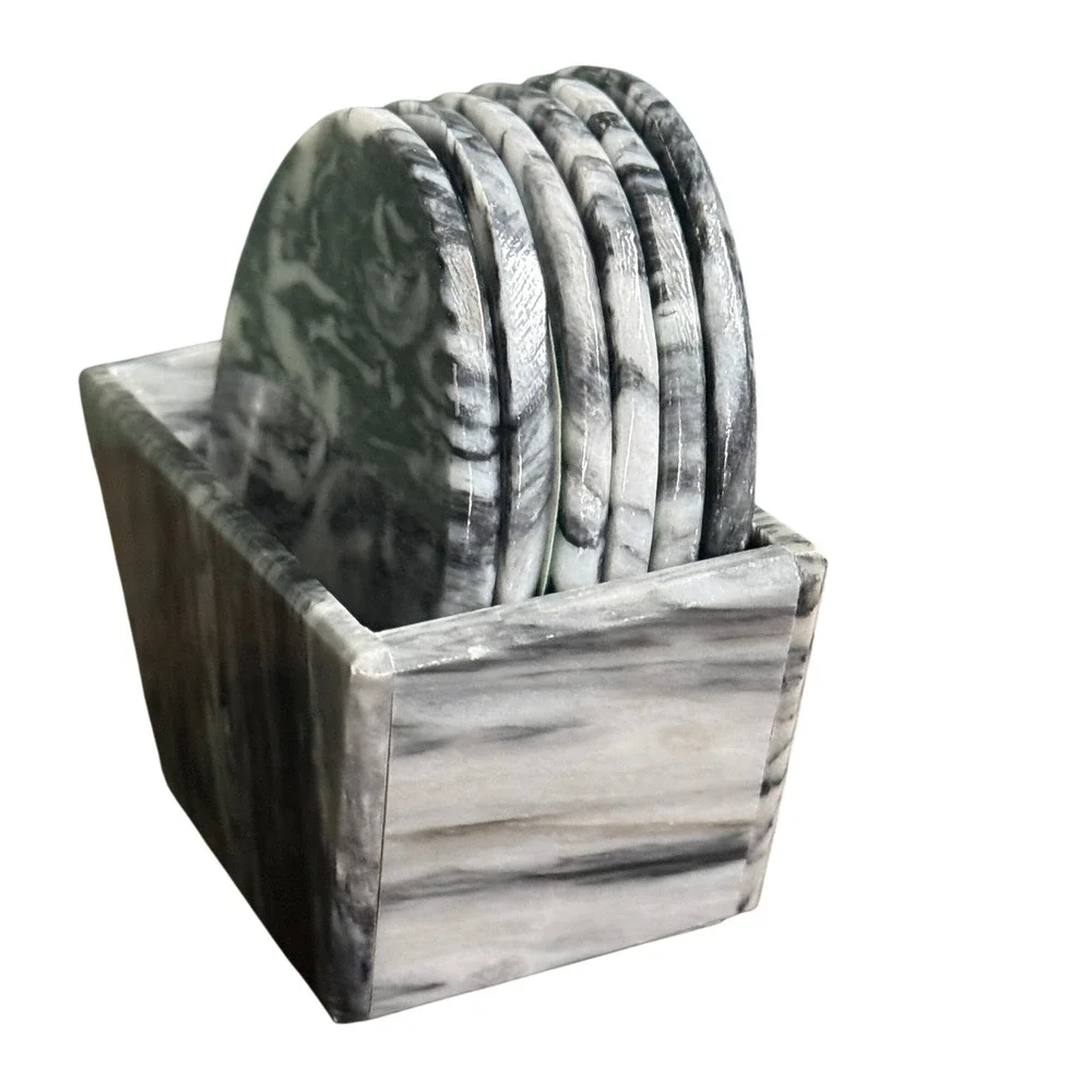 Vintage Grey Black White Marble Stone Coaster Set of 6 with Caddy